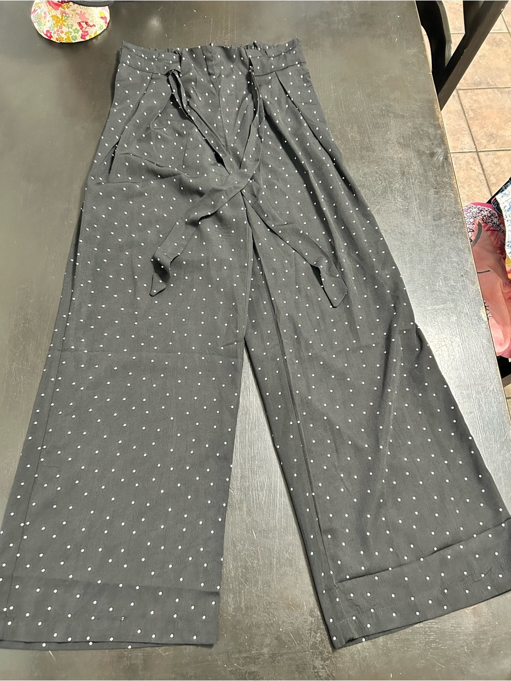 mine Black Wide-Leg Paperbag Pants with White Polka Dots